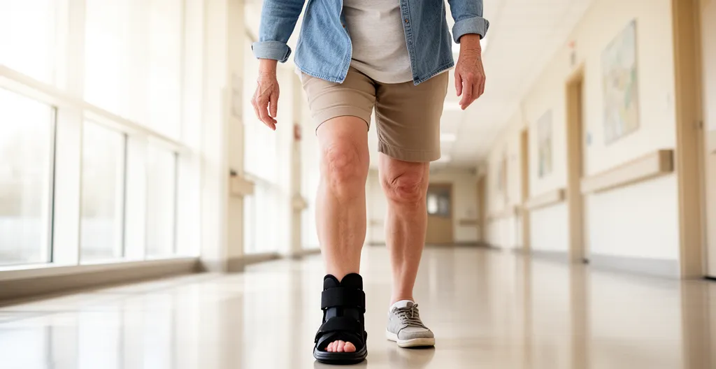 Femme portant une chaussure postopératoire orthopédique marchant dans un couloir lumineux